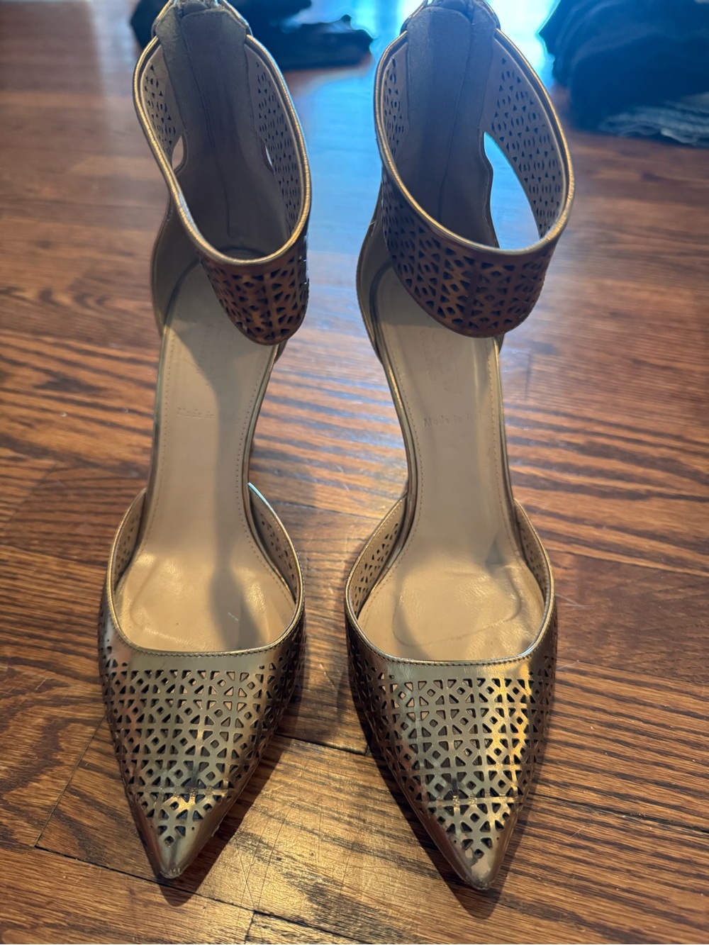 J Crew Women's Pointed Ankle-Strap Cutout Heels in Metallic Gold 7